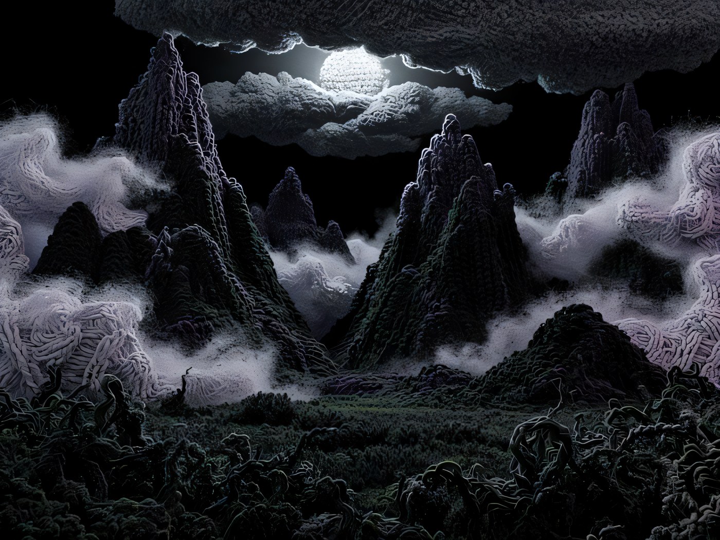 Nornatindar, the witch peaks, lit by a knitted moon